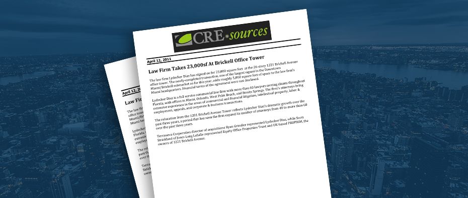 Picture of photo cover of article= CRE Sources. vFirm takes 23,000 sf at brickell office tower 04-12-11
