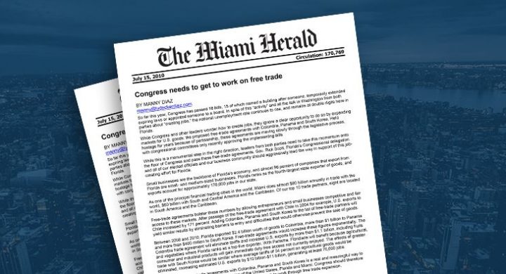 Picture of photo cover of article= Miami Herald Congress needs to get to work on free trade by Manny Diaz 07-01-11
