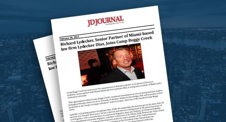 Picture of photo cover of article= jDjournal-Richard-lydecker-Senior-Partner-of-miami-based-law-firm-lydecker-diaz-Joins-Camp-boggy-creek-02-28-12