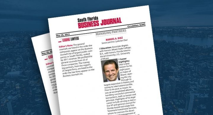 Picture of photo cover of article= South FL business Journal. Leading Lawyers Diaz, Hendricks and lydecker 05-25-12