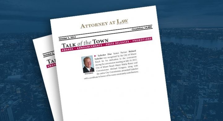 Picture of photo cover of article= Attorney at law. Lydecker recognized by city of miami beach 09-09-12