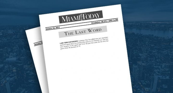 Picture of photo cover of article= Miami Today Law firm expanding 01-16-13