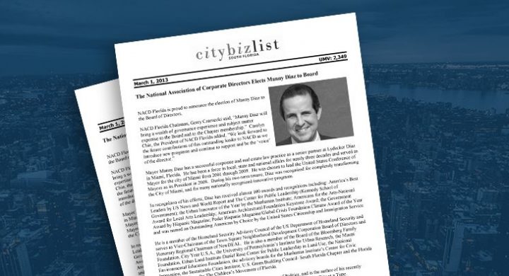 Picture of photo cover of article= City bitz list the national association of corporate directors elects manny diaz to board 03-01-13