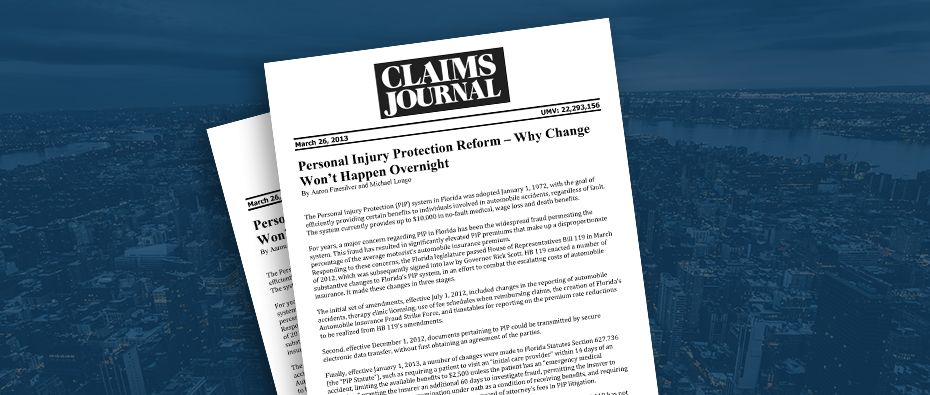 Picture of photo cover of article= Claims Journal Personal injury Protection Reform 03-26-13