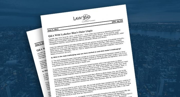 Picture of photo cover of article= Law-360-QA-Lydecker-Llopiz-06-04-13